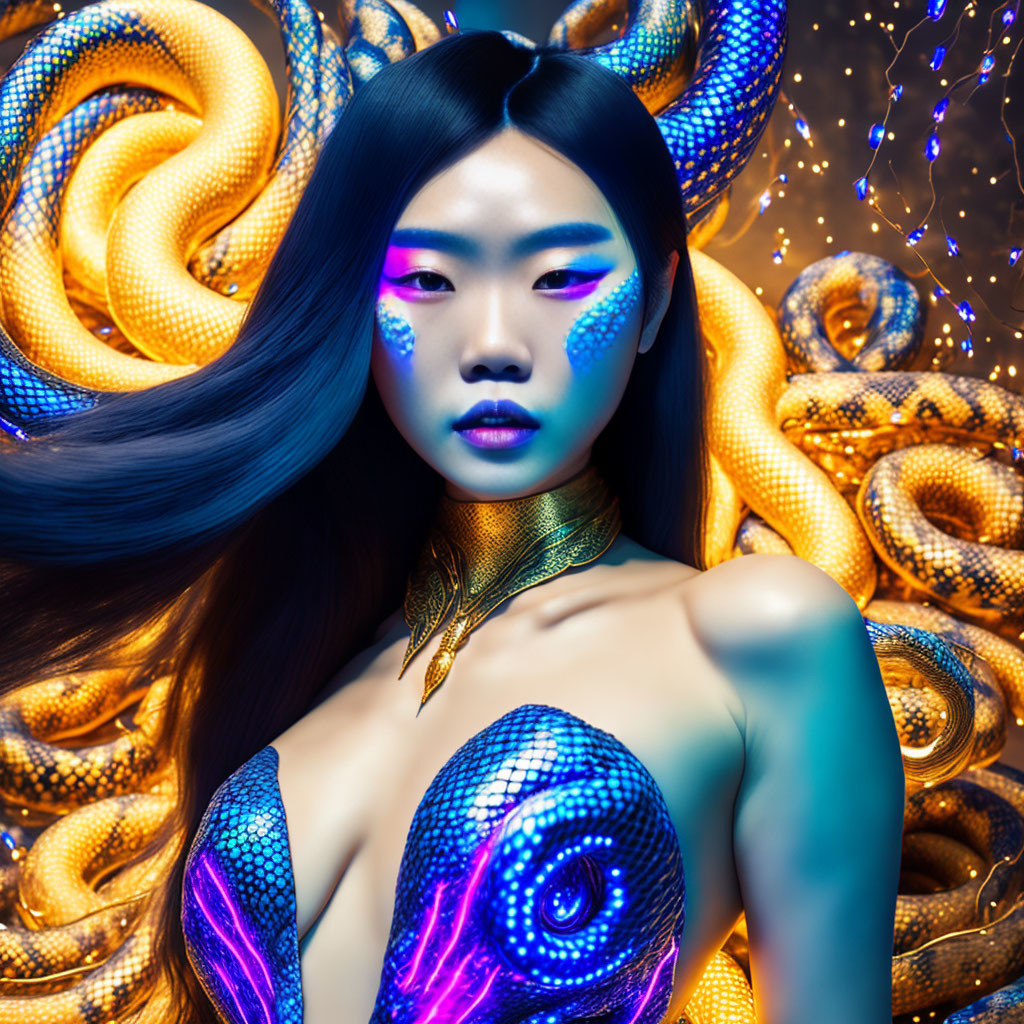 Woman with blue makeup and serpents in vibrant fantasy scene