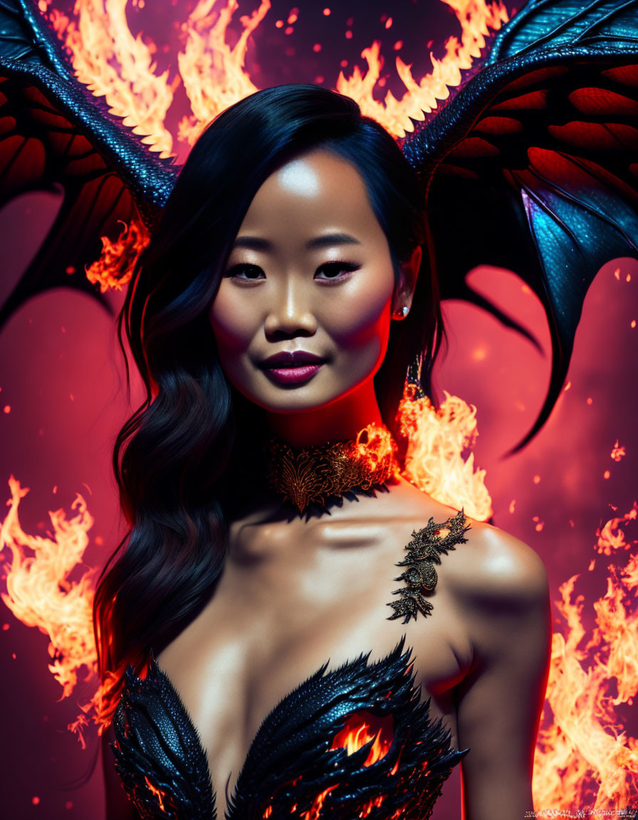 Dark-haired woman in dragon-themed makeup with black wings and fiery attire