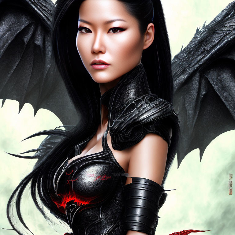 Digital artwork of a woman in black fantasy armor with dragon wing elements and a red glowing heart.