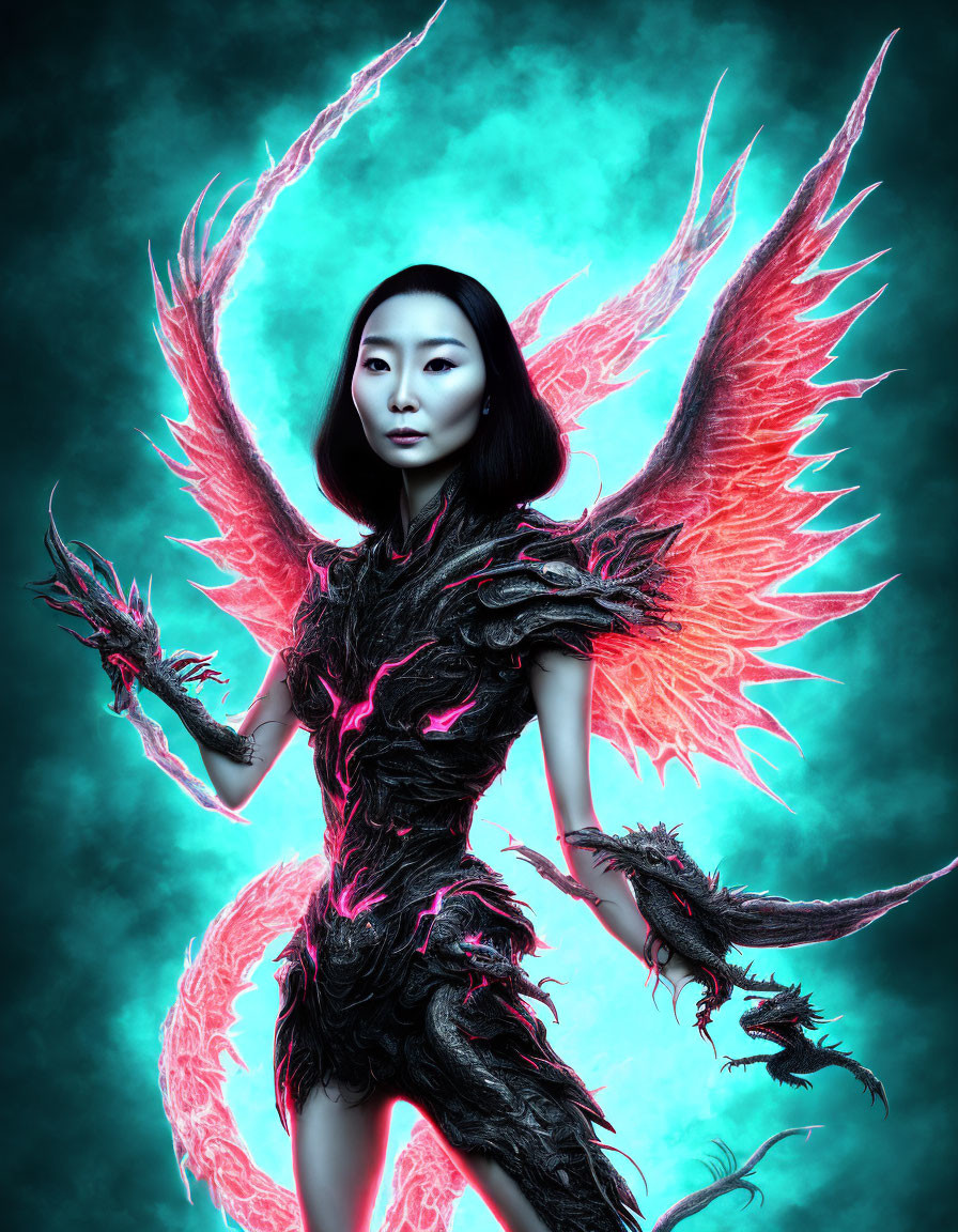 Woman in glowing pink wings and armor on teal background