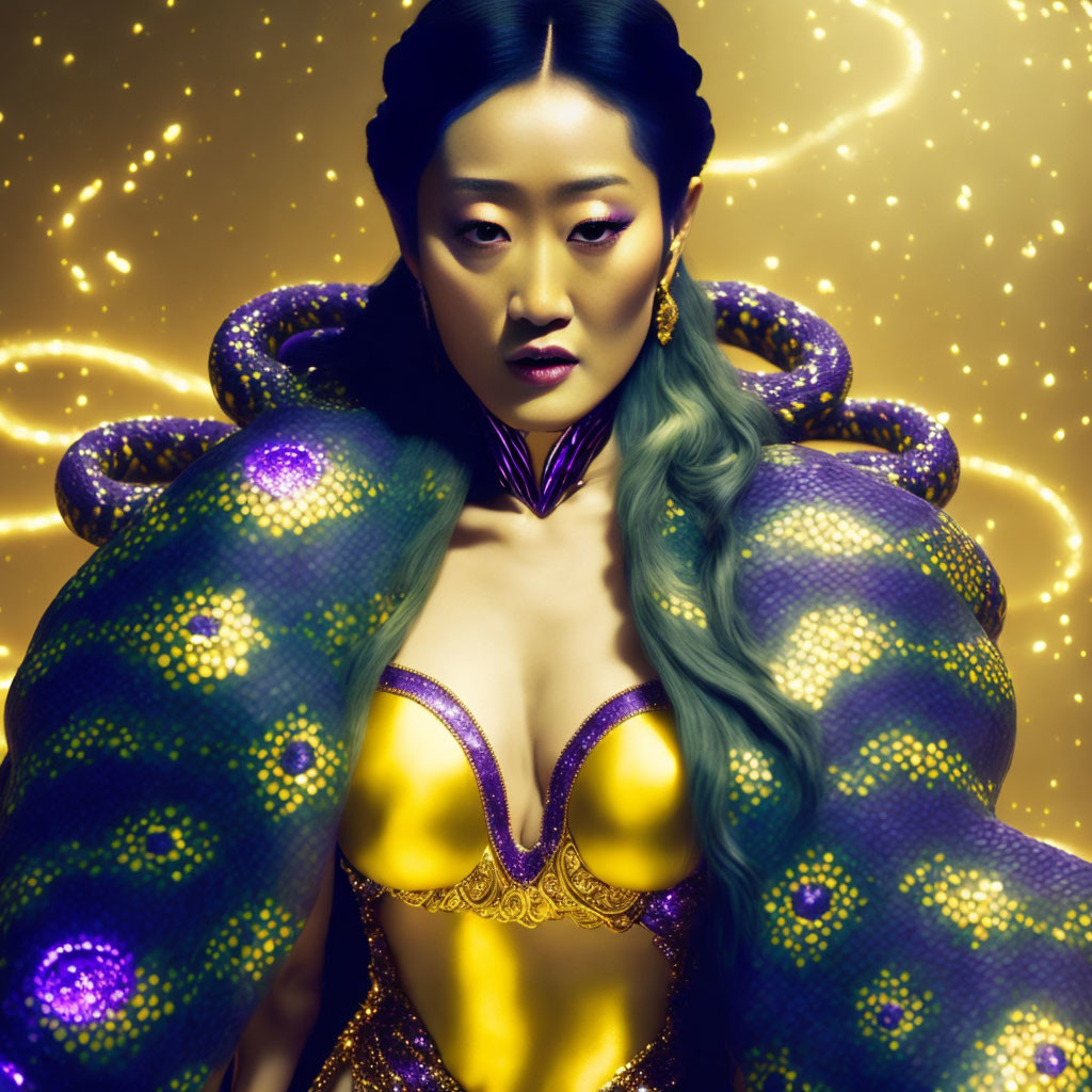 Green-haired woman in golden makeup with yellow brassiere, surrounded by glowing purple and gold patterns on spark