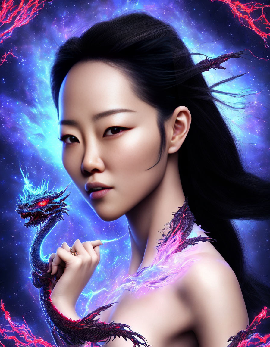 Ethereal dragon and woman in magenta accents on cosmic blue background