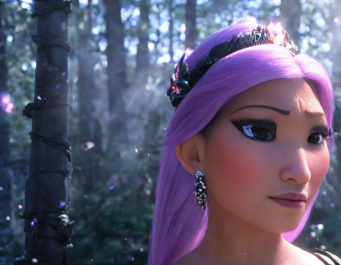 Purple-haired character with crown in enchanted forest 3D render