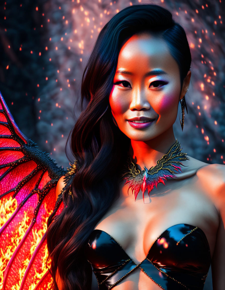 Ethereal figure with black hair and flame-like wings