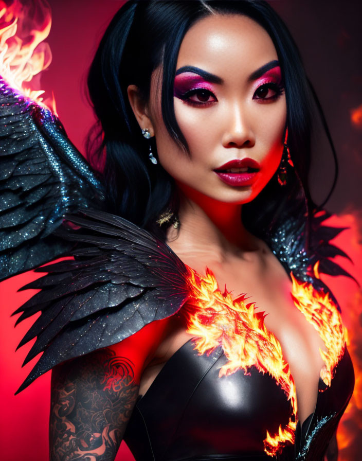 Woman with fiery concept makeup, black feathered wings, and flame effects