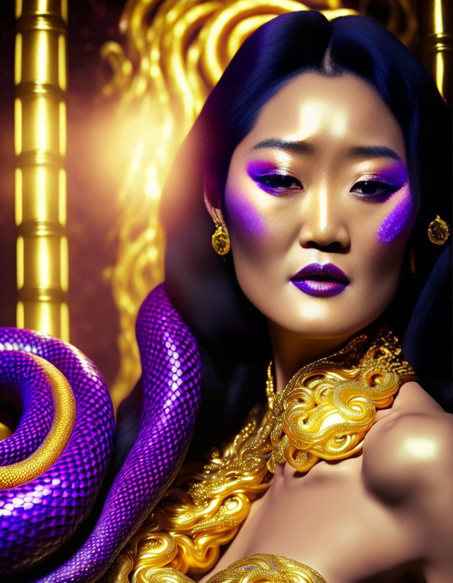 Stylized portrait of woman with golden jewelry and purple snake on ornate backdrop