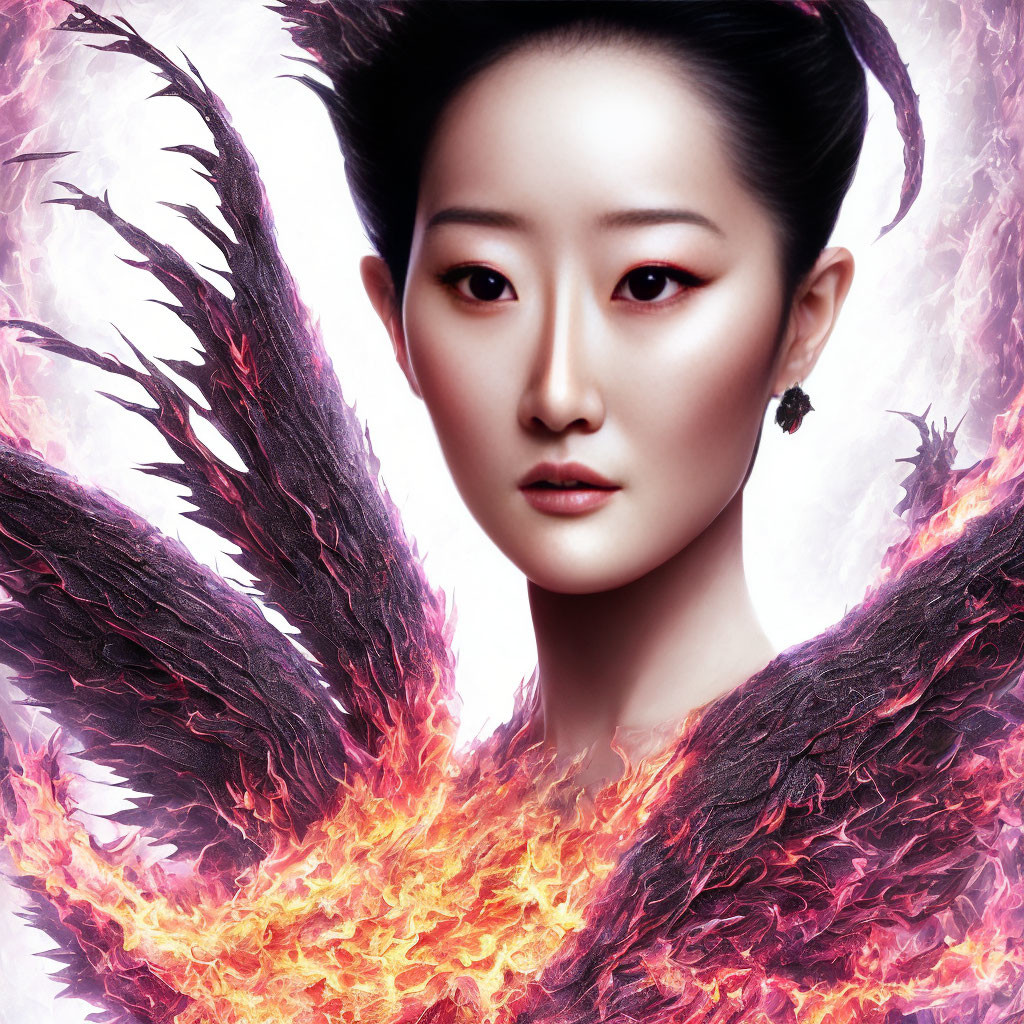 Fiery feathered wings and intense red eyes in stylized portrait