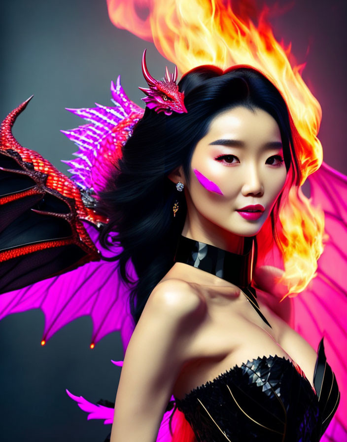 Fantasy-themed image: Woman with striking makeup and fiery-winged dragon