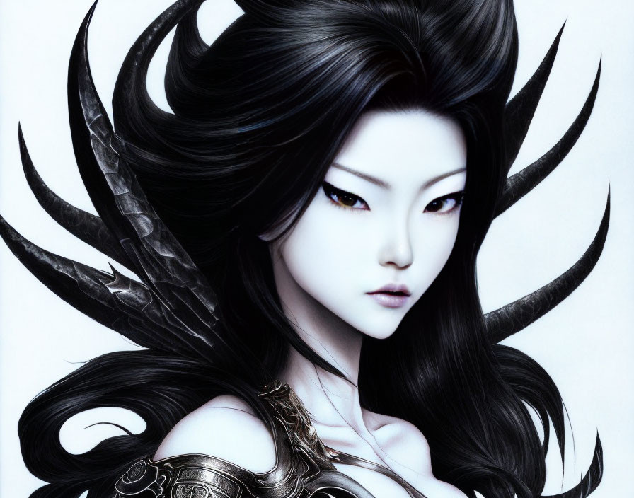 Fantasy digital illustration of a woman with dark swirling hair and ornate armor