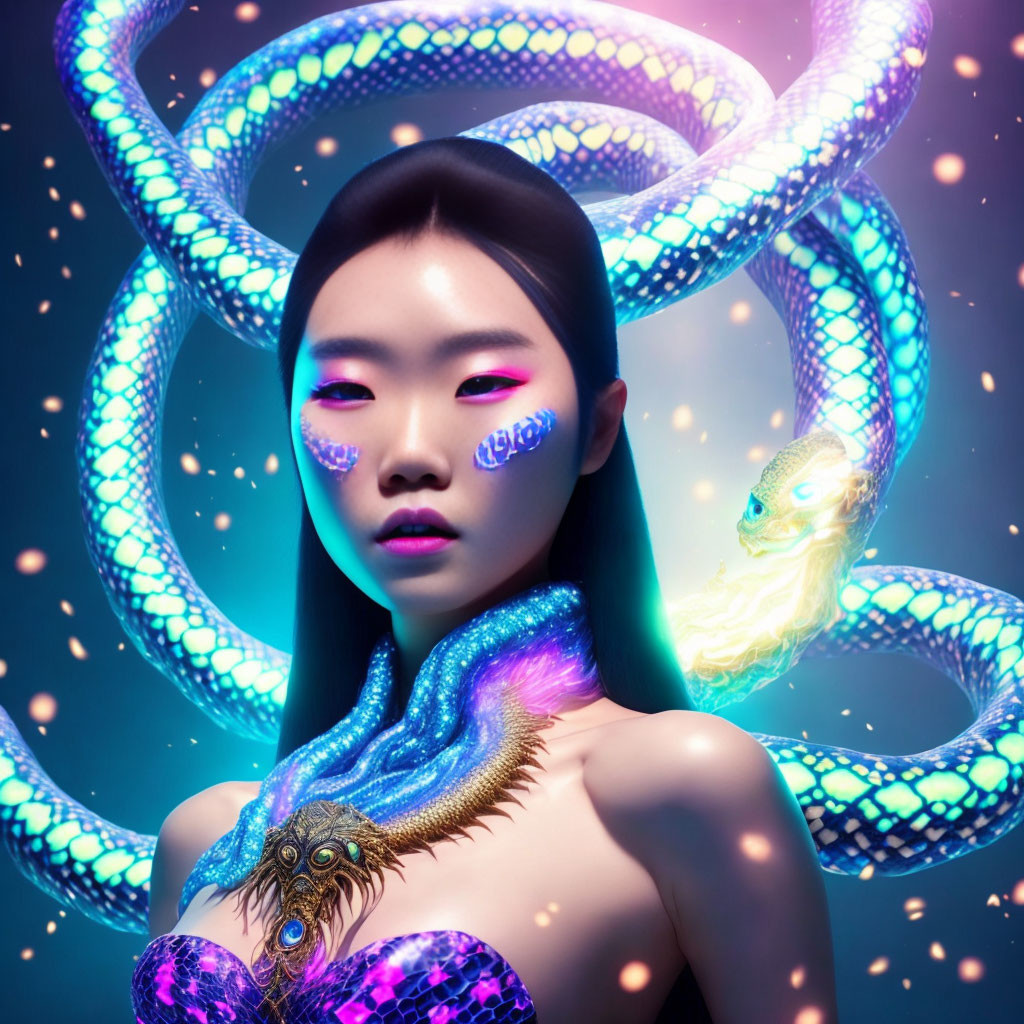 Glowing makeup woman with luminescent snakes on dark blue backdrop