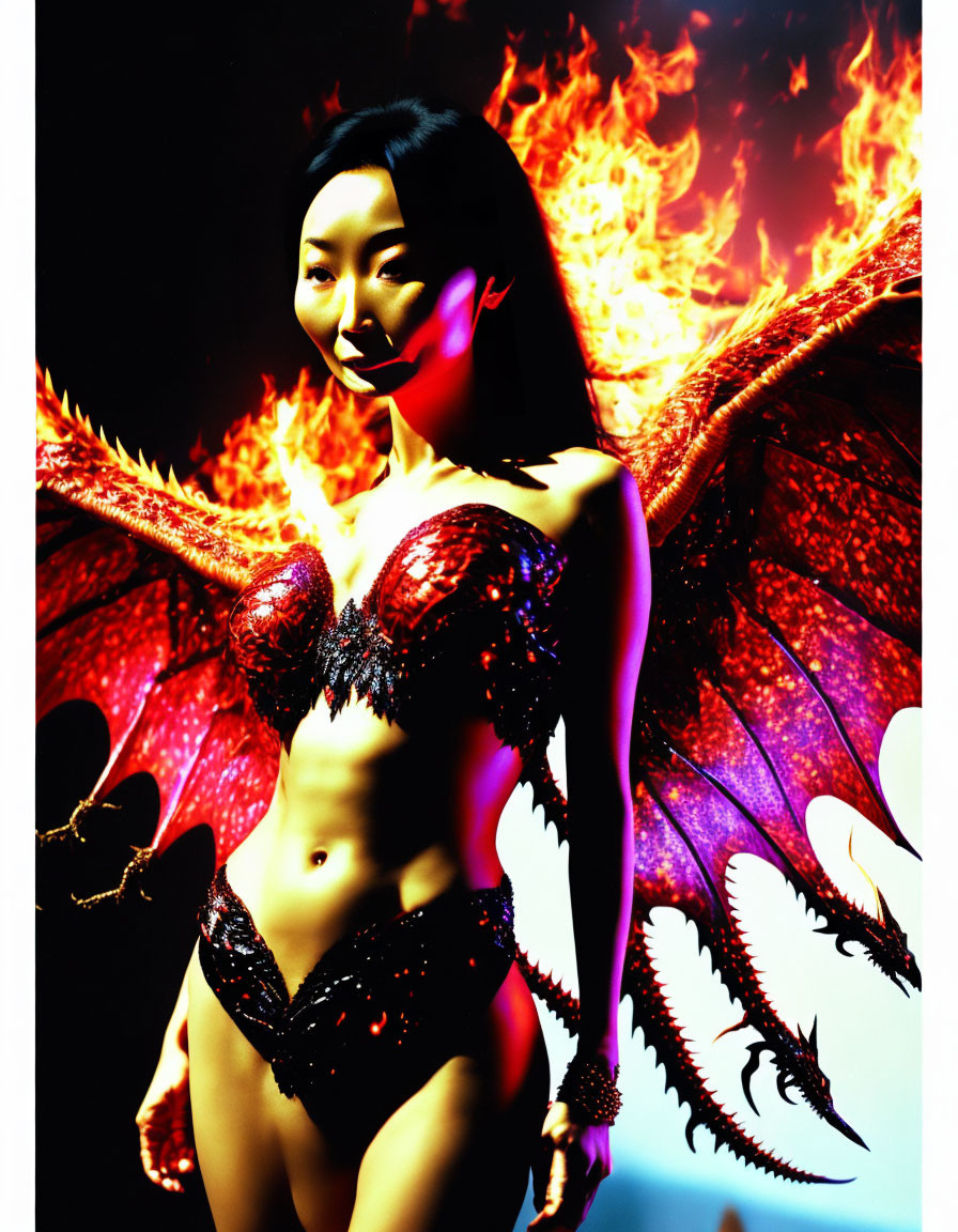 Fantasy-themed lingerie photoshoot with dragon-like wings and fiery backdrop