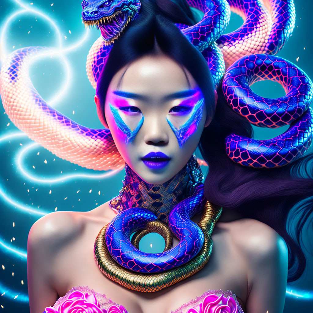 Enigmatic woman with striking makeup and colorful serpents on vivid blue background