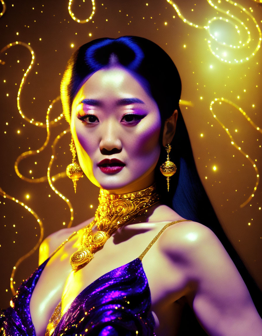 Woman with Striking Makeup and Gold Jewelry in Golden Background