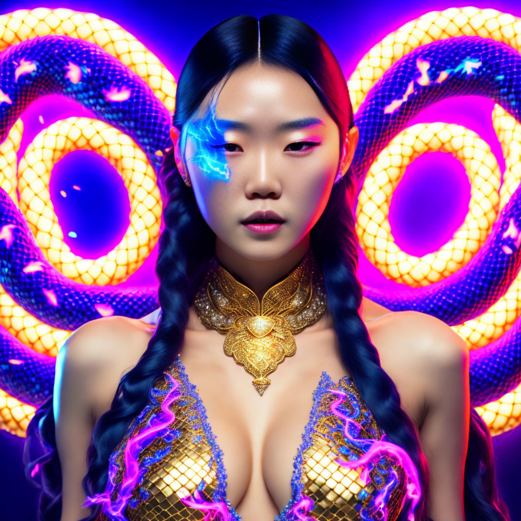 Woman with bold makeup in blue lighting, neon snake graphics, golden necklace, purple outfit.