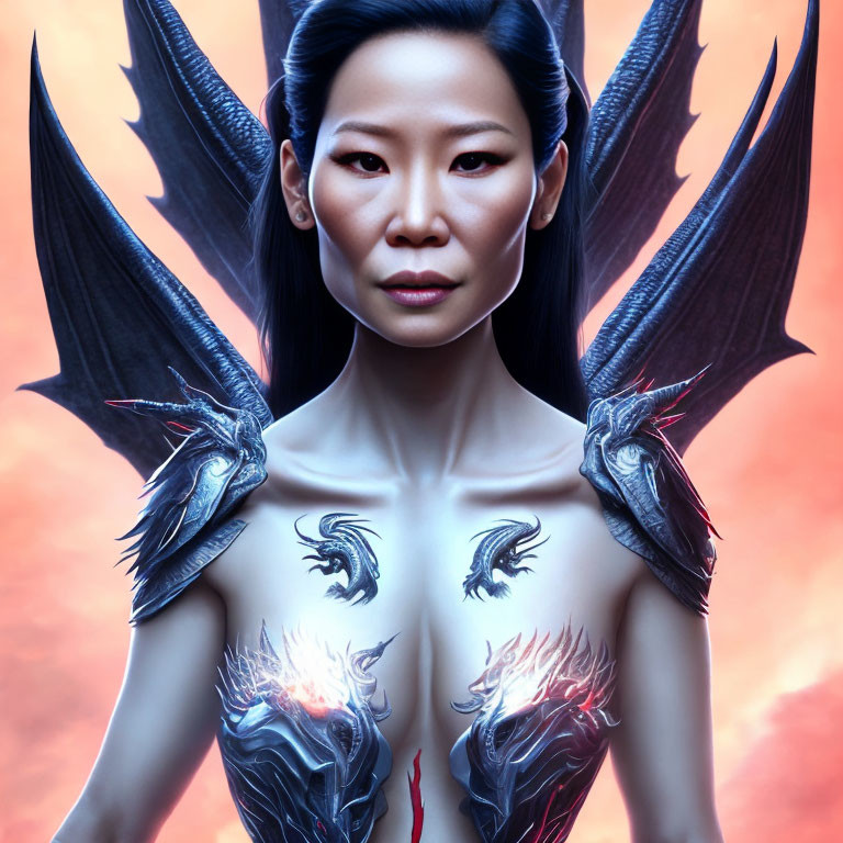 Asian woman with dragon-themed body art and fiery backdrop