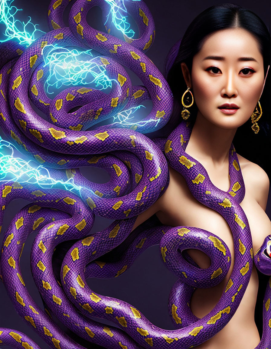 Elegant woman entwined by vivid purple serpent in dark setting