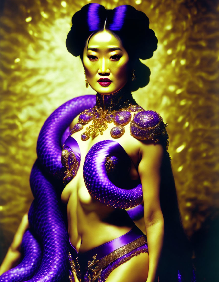 Stylized portrait of woman with elaborate hair and makeup entwined by purple snake on golden background