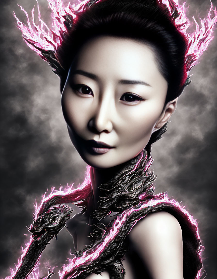 Portrait of Woman with Pink Flame Accents on Dark Background