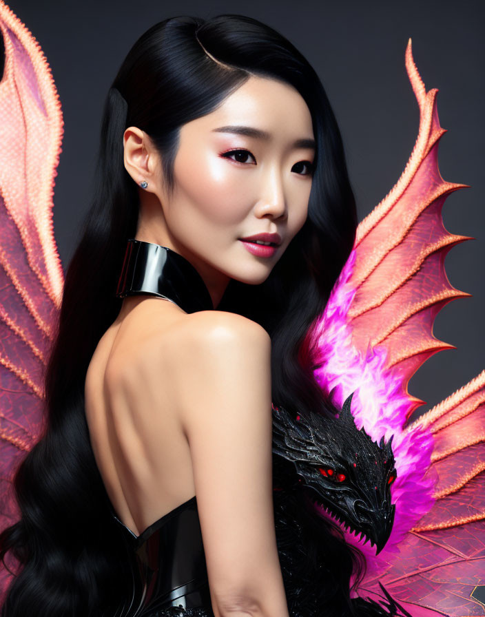 Woman with black hair and fantasy dragon with purple wings on dark background