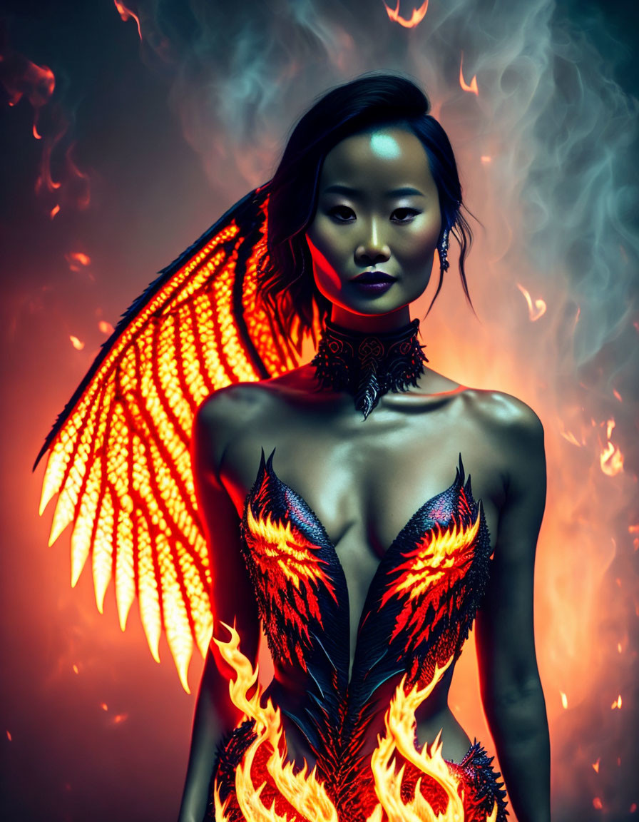 Dramatic Outfit with Fiery Designs and Smoke Background