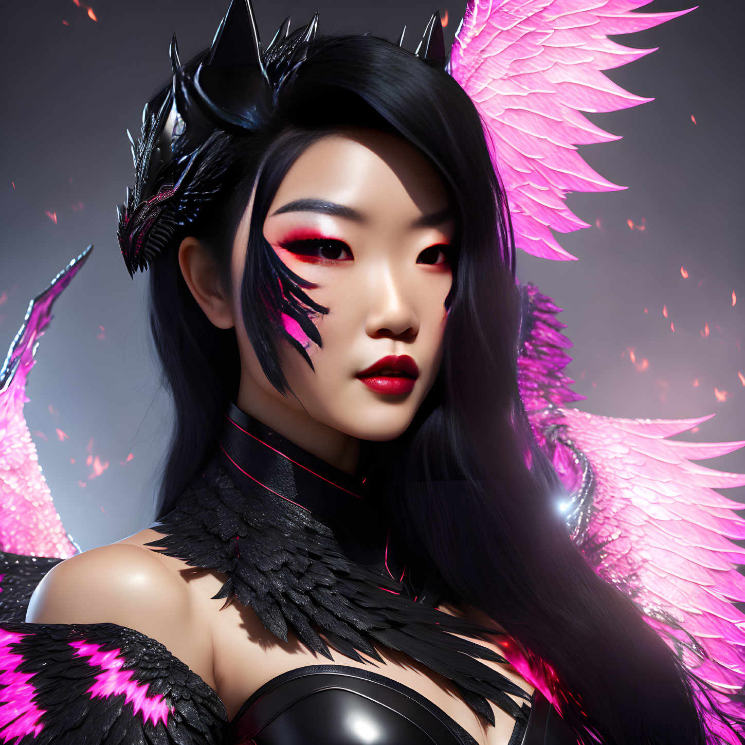 Digital artwork: Woman in black and pink winged armor with bold red eyeshadow and feath