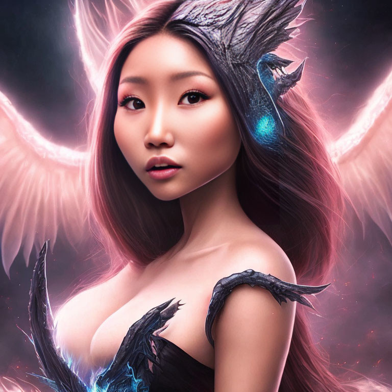 Fantasy digital artwork: woman with angelic wings and small dragon on shoulder in pink background