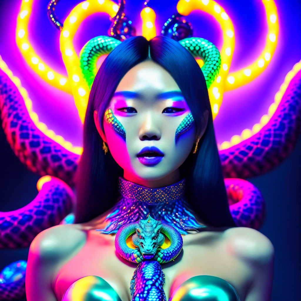 Colorful makeup portrait with dragon necklace in neon-lit setting