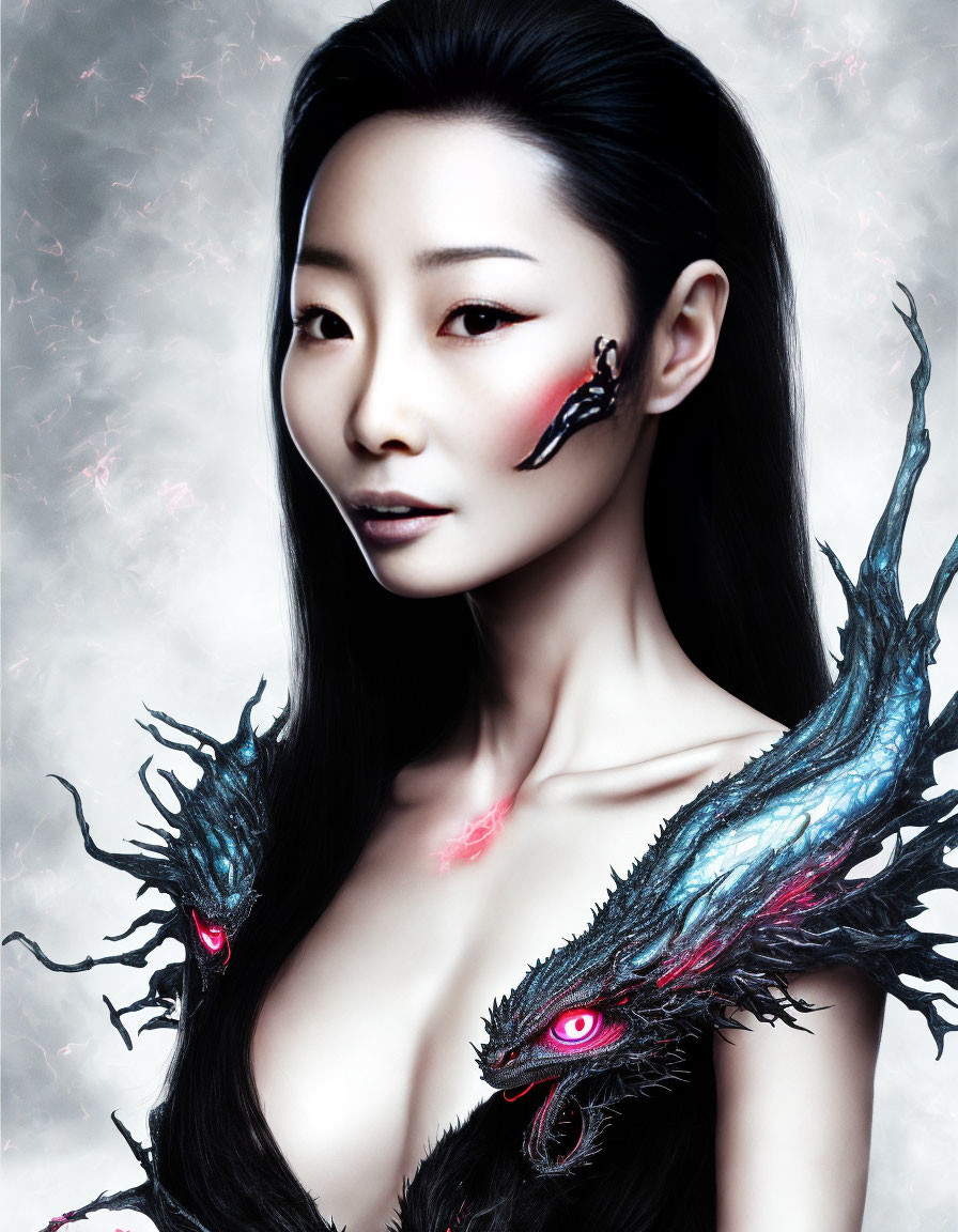 Dark fantasy makeup with black shoulder piece and red-eyed embellishments in soft pink background