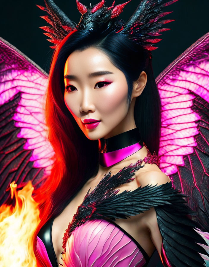 Fantasy styled portrait of a woman with dark angel wings and fiery effects