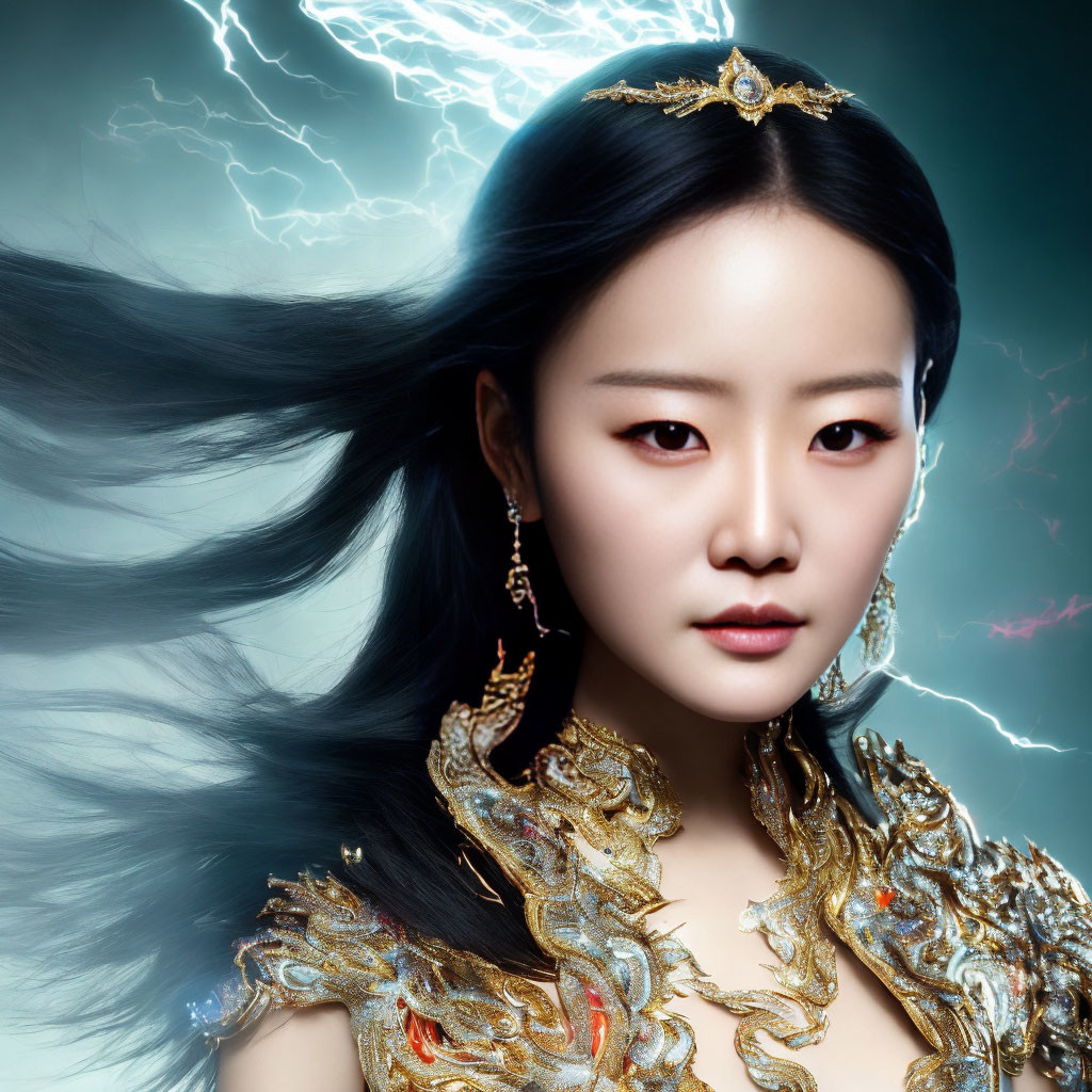 Woman adorned in gold jewelry with flowing hair, set against lightning