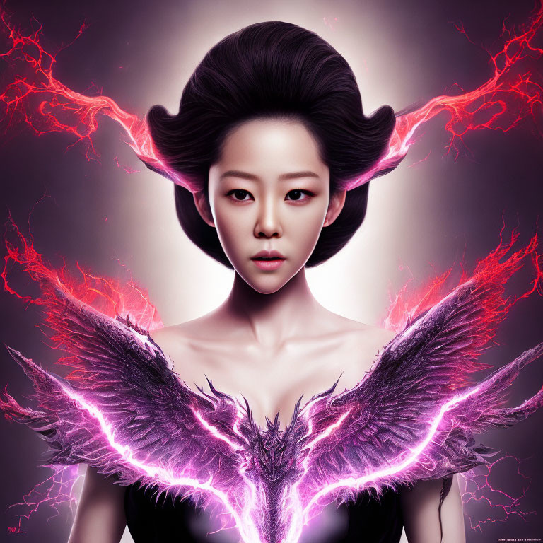 Digital artwork: Woman with dramatic makeup, elaborate hairstyle, purple lightning wings & halo