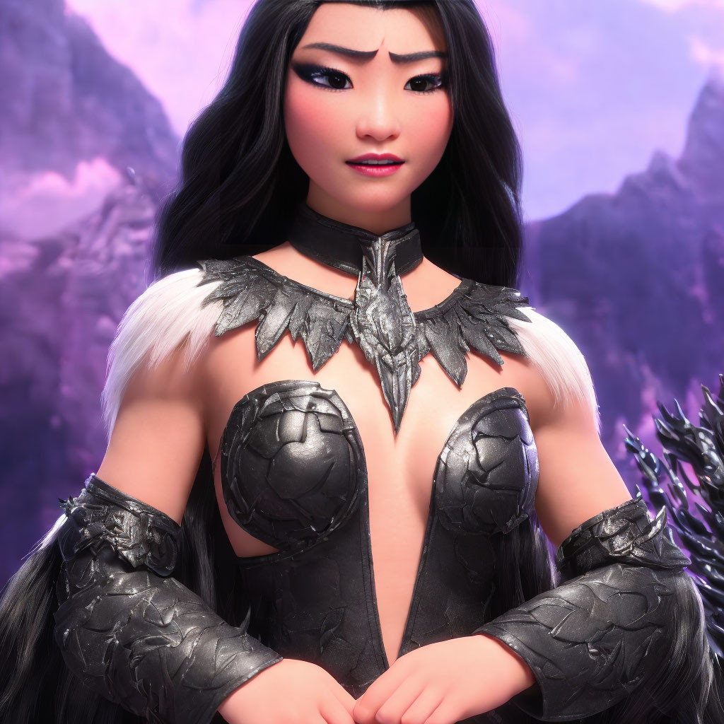 Confident female character with long black hair in dark armor on purple background