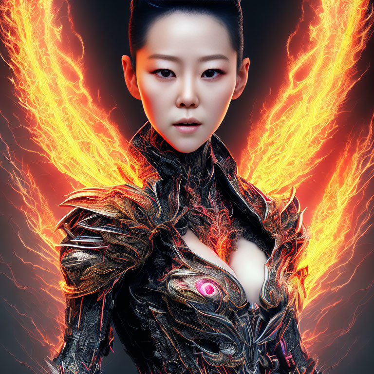 Fantasy armor woman with fiery wings on dark backdrop