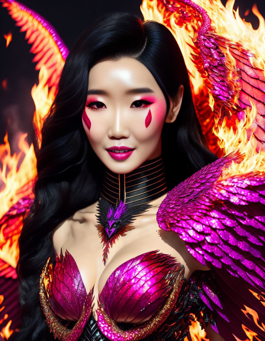 Fantasy makeup of a woman as fiery phoenix with red and purple feathers.