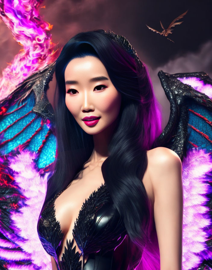 Asian Woman with Dragon-like Wings in Fiery Background & Soaring Bird