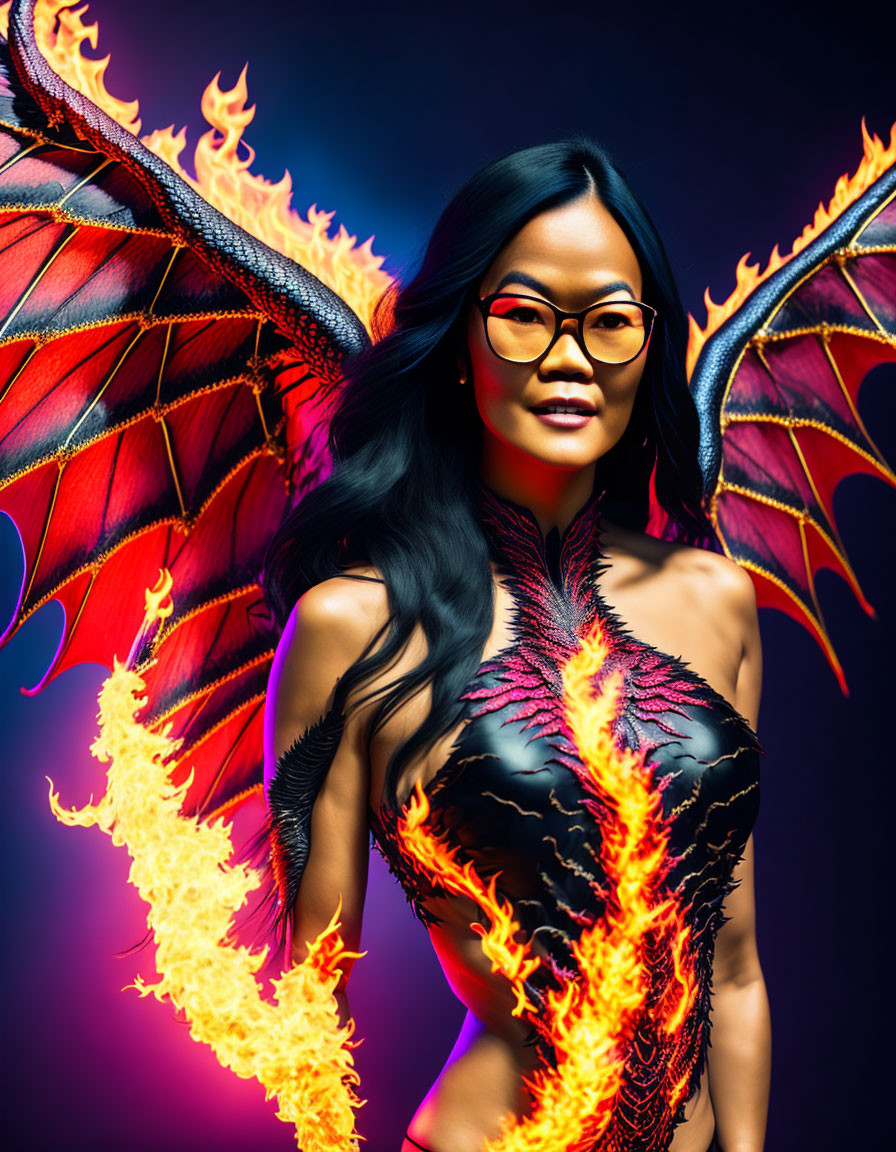 Figure with Dark Hair and Fiery Red Dragon Wings