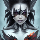 Elaborate Black, Pink, and White Fantasy Makeup and Costume with Feather Adornments