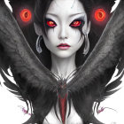 Dark Makeup Woman with Red-Eyed Raven Wings on Light Background