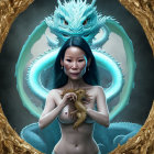 Digital artwork: Woman with flowing hair, phoenix wings, and dragon-like creatures on smoky backdrop