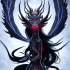 Fantasy Female Character with Black and Purple Wings and Dragon-Themed Helmet Holding Weapon on Soft Focus Background