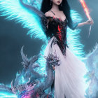 Female character with horns, wings, futuristic outfit, blue flames, and glowing purple blade