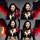 Dark-haired woman in black outfit with red lipstick in four poses, one with fiery wing effect