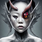 Person with dramatic makeup and fantasy-themed black and pink horns and wings.