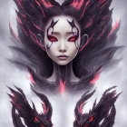 Digital Artwork: Woman with Black Wings and Dragon Necklace on Pale Background