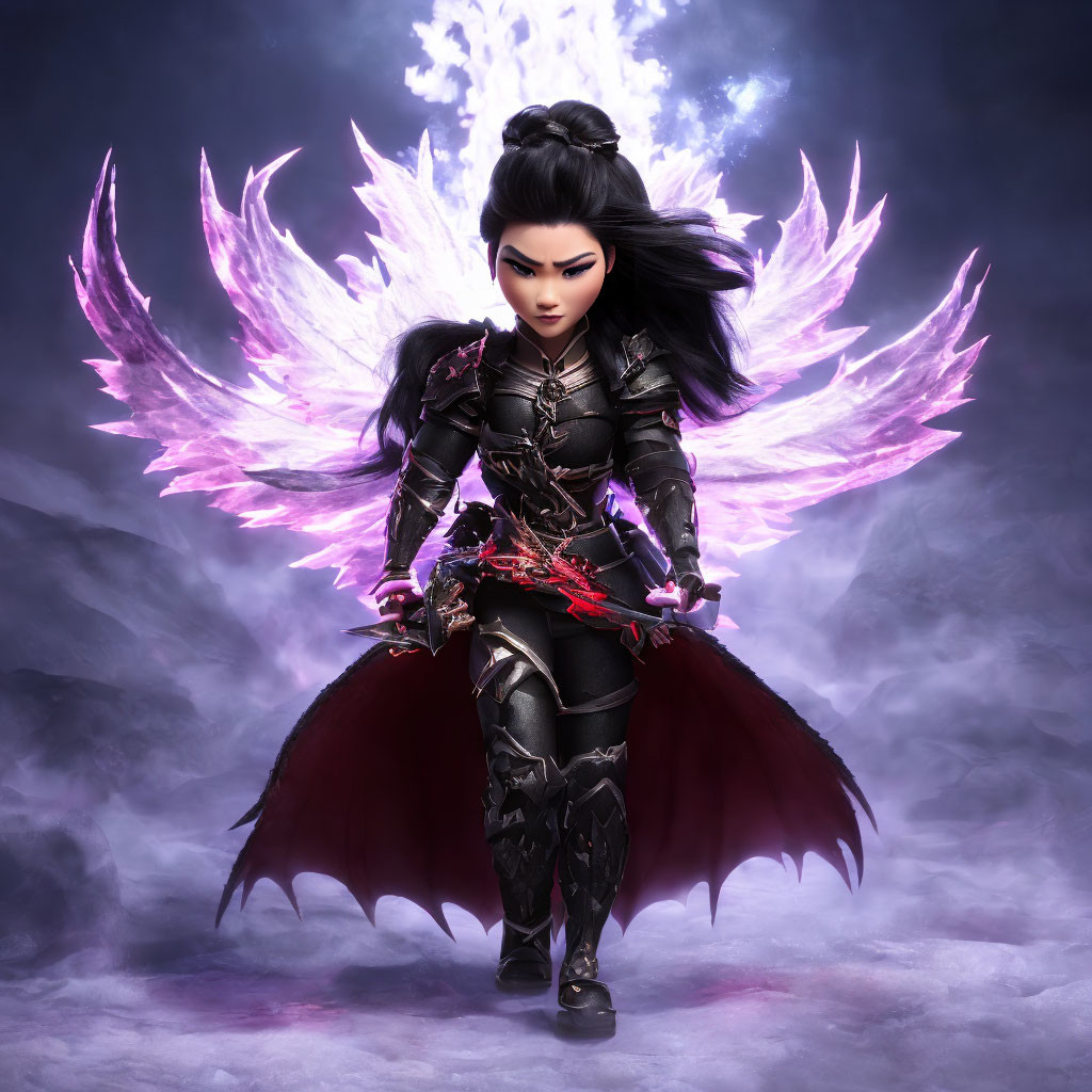 Stylized animated female warrior with purple glowing wings and red-tipped weapons in misty environment