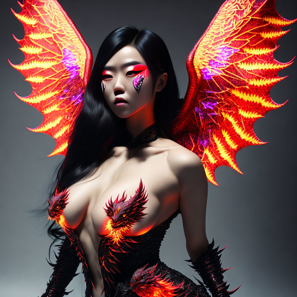 Fantasy portrait of a woman with fiery wings and matching eye makeup