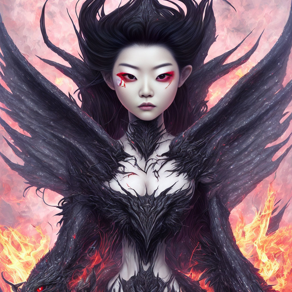 Dark feathered wings, red eyes, and flames: Mythical female figure in striking image
