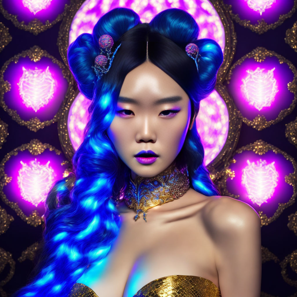 Vibrant blue hair and artistic makeup against a purple and gold background