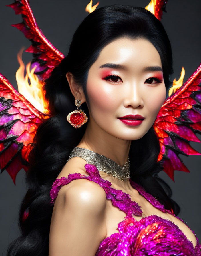 Dark-haired woman in magenta outfit with fiery wings and red makeup