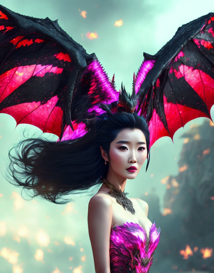 Ethereal woman with black hair in pink dress and dragon wings in fantasy setting